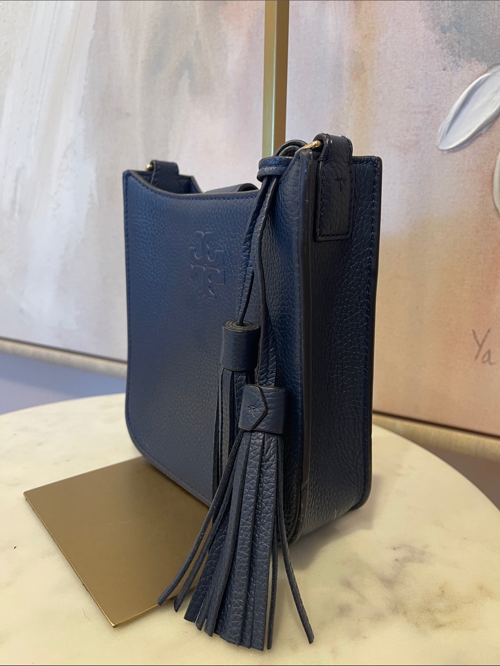 Tory Burch Navy Pebbled Leather Crossbody with Tassel - Picture 3 of 7
